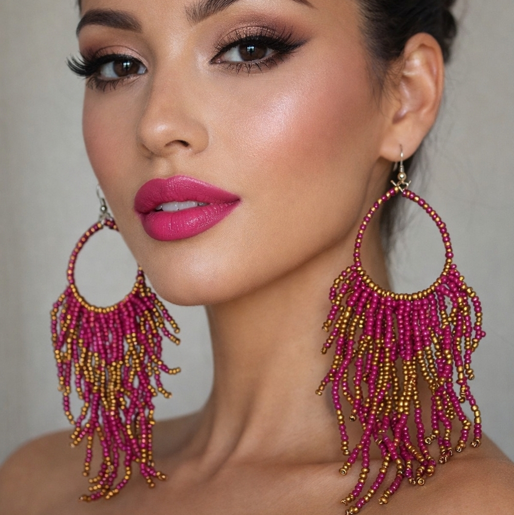 Boho Statement Beaded Fringe Earrings – Pink & Gold 5.75"